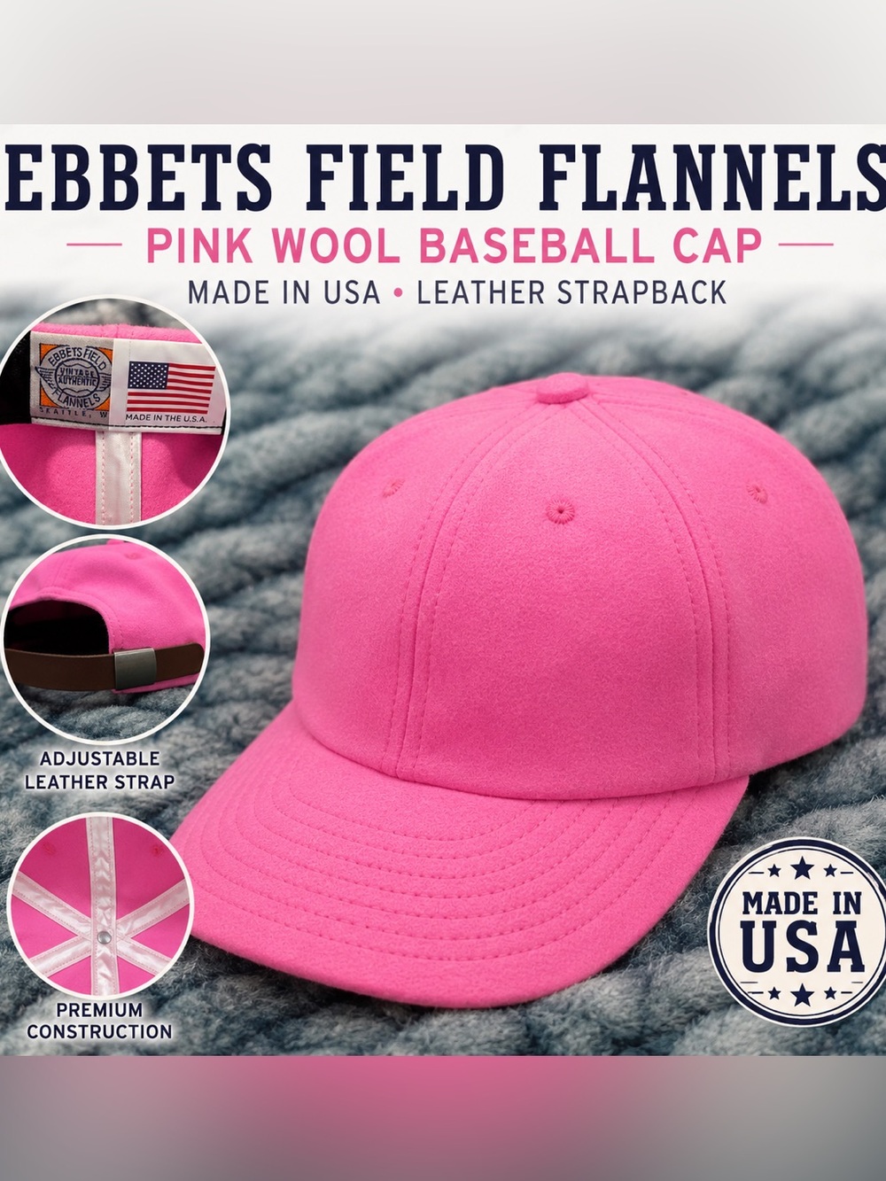 Ebbets Field Flannels Pink Wool Baseball Cap Hat Minimalist